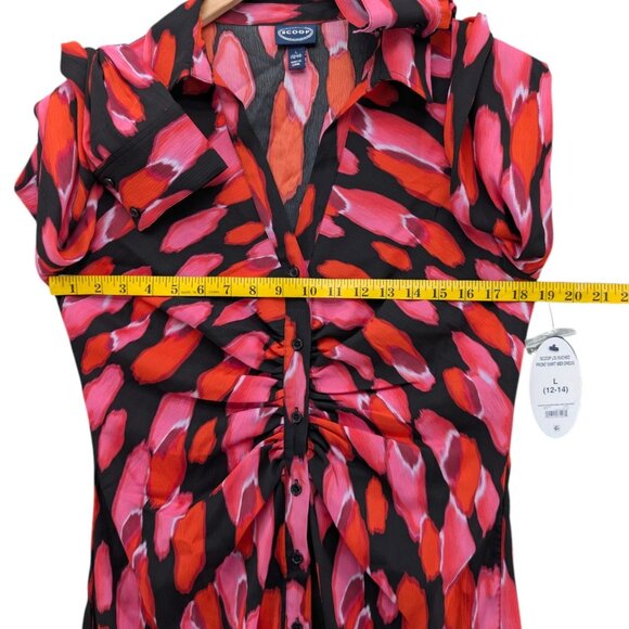 SCOOP Midi Shirt Dress Multicolor Long Sleeve Ruched Button Front Size L - Picture 8 of 12